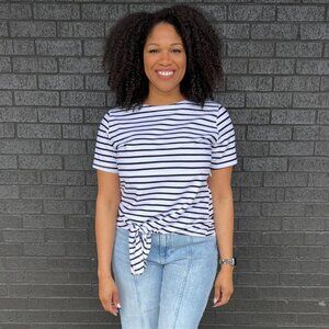 Striped Nursing T-shirt With Front Tie &Hidden Zipper - Black/White - Large